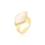 ANEL BANHO OURO 18K BASE LISA PING GEOMETRICO LOSANGOLO PEDRA AGATA BRANCA TAM 15