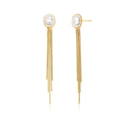 BRINCO BANHO OURO 18K ORELHA BOTÃO BORDA CRAV ZIRC C/ 5 HASTES FLEXIVEL CENTRO ZIRCONIA