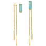 BRINCO BANHO OURO 18K RETANGULAR PEDRA AGATA AZUL CEU 2 HASTE LONGA CORRENTE E MEIA LISA