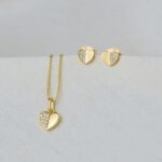 CONJUNTO COLAR E BRINCO PING MINE CORAÇÃO MEIO LISO MEIO CRAVEJADO ZIRCONIA