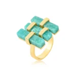 ANEL BANHO OURO 18K PEDRA AMAZONITA VERDE C/ PEQ HASTES DUPLAS LISAS TAM 15