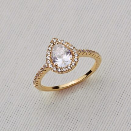 ANEL BANHO OURO 18K BASE GOTA BORDA CRAV CENTRO ZIRC GOTA HASTE MEIA CRAVEJADA TAM 18