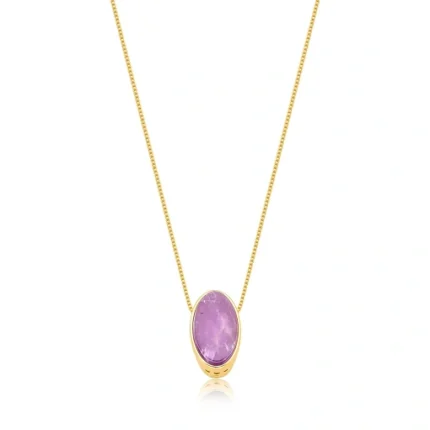 COLAR BANHO OURO 18K PINGENTE OVAL GALERIA ALTA PEDRA AMETISTA LILAS