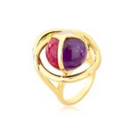 ANEL BANHO OURO 18K ORGANICO PEDRA QTZ ROSA/ FDS VERMELHO/ AMETISTA LILAS TAM 19