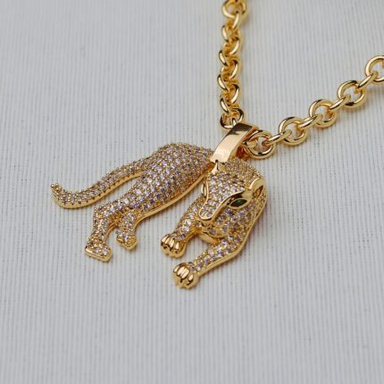 COLAR BANHO OURO 18K MINE ELOS C/ PINGENTE LEOPARDO C/ OLHOS ZIRCONIA VERDE RUBI