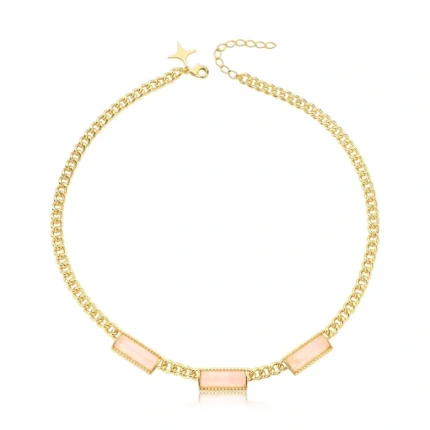 COLAR BANHO OURO 18K CORRENTE C/ 3 HASTE RETANGULAR PEDRA QUARTZO